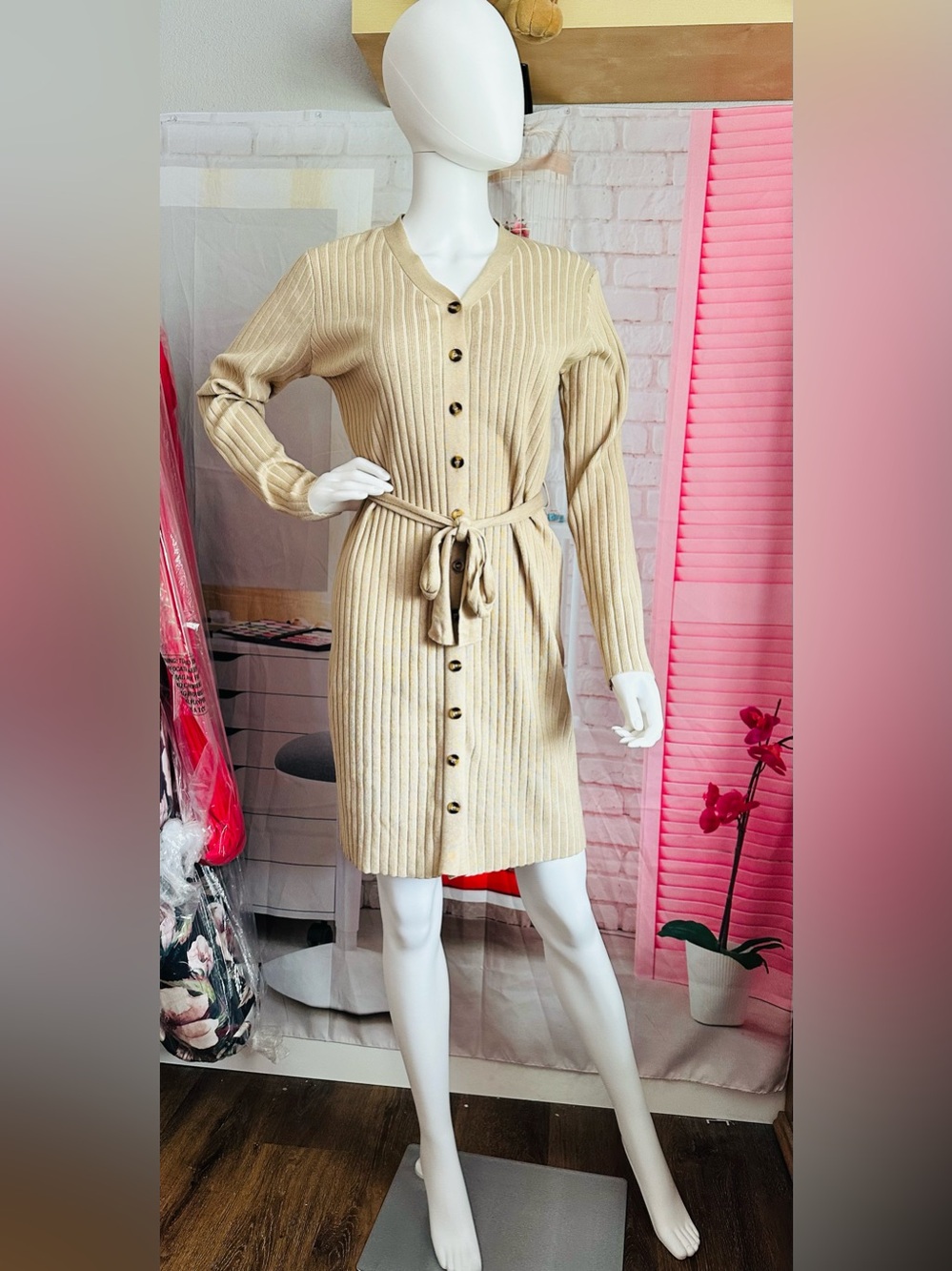 Lark + Grey Tan Ribbed Knit Button Front Belted Sweater Dress